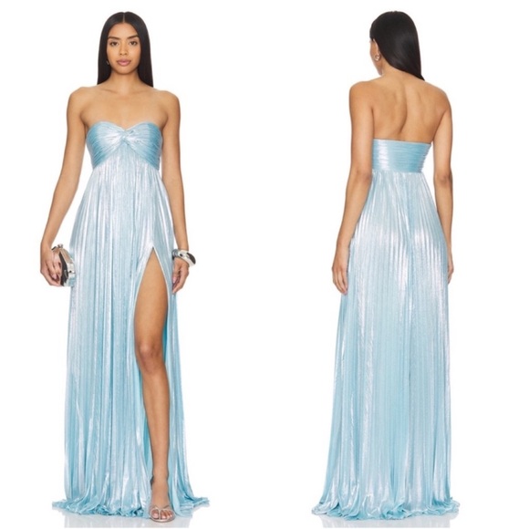 RETROFETE Zoa Strapless Pleated Metallic Blue Silver Maxi Dress Size XL - Picture 1 of 9
